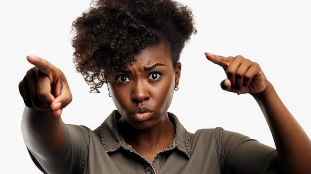 An African woman displays anger and frustration, gesturing emphatically while confronting someone. Her expression conveys strong emotions and concerns.