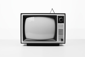 Black and white retro television with antenna, placed on a minimalist white background. Symbol of nostalgia, vintage technology, or media evolution