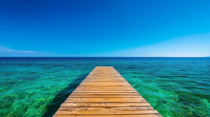 Fototapeta premium A serene wooden pier stretches out towards the horizon, disappearing into the breathtaking turquoise waters. The clear sky and calm sea evoke a sense of tranquility and peace.