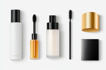 Obraz premium A set of cosmetic products including two bottles, a mascara wand, a golden lid, and a black box on a white background. The products are designed to enhance beauty and provide a flawless look.
