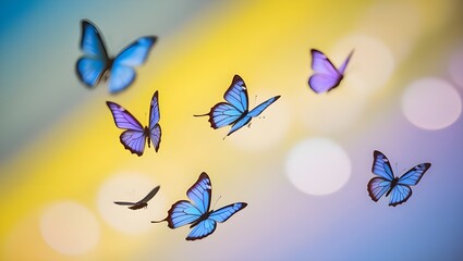 Close-Up of Flying Butterflies Against a Blue and Yellow Background: A Beautiful and Vibrant Display of Nature in Motion"