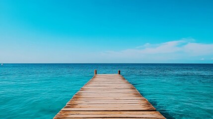 Obraz premium A serene wooden pier stretches out into the crystal-clear turquoise waters, symbolizing peace, tranquility, and the allure of the unknown. The endless blue sky above represents freedom and boundless p