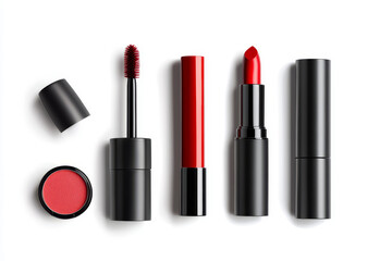 Obraz premium A set of red cosmetics including a lipstick, mascara, lip gloss, and a small red blush compact. The products are neatly arranged on a white background, showcasing their vibrant red hues and sleek blac