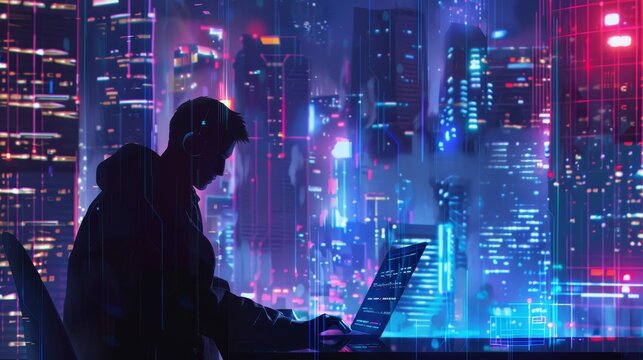 A silhouette of a software developer, wearing headphones, is coding on a laptop in a vibrant, futuristic cityscape. The neon lights of the city create a dynamic and modern feel. The image symbolizes t