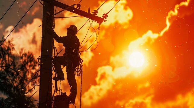 A silhouette of an electrician working on a high-voltage power line against a fiery sunset sky, symbolizing hard work, dedication, risk, energy, and essential services.