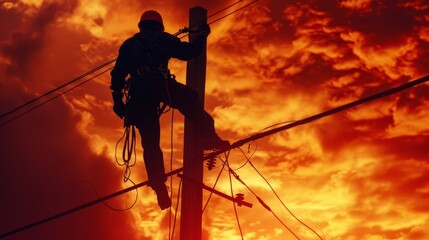 A silhouette of an electrician working on high-voltage power lines against a fiery sunset sky. The image symbolizes hard work, dedication, danger, and the essential role of electricians in society.