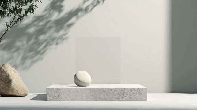 A simple yet elegant product display featuring a stone podium, a single rounded stone, and a leafy plant in a minimalist white setting. The backdrop provides a clean canvas for showcasing products, re