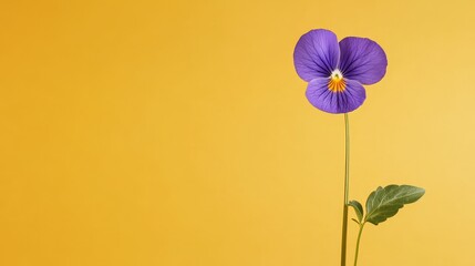 Obraz premium A single purple pansy flower with a yellow center blooms against a vibrant yellow background. The flower's delicate petals and the bright yellow backdrop create a stunning contrast, symbolizing beaut