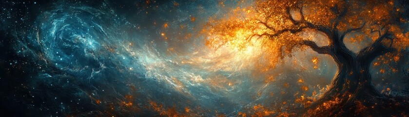 Fototapeta premium A majestic tree with golden leaves glows brightly against a cosmic background of swirling stars and nebulae, symbolizing the connection between nature and the universe great for use in fantasy
