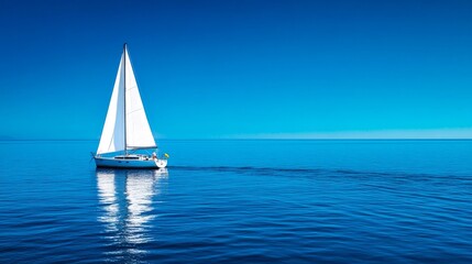 Obraz premium A single sailboat glides effortlessly across a vast, calm blue ocean under a clear sky. The scene symbolizes peace, freedom, exploration, and the beauty of nature.