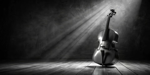 Cello in the Spotlight Monochromatic Composition of a Cello Standing Alone on a Wooden Floor, Music Instrument, Classical Music, Cello, Strings