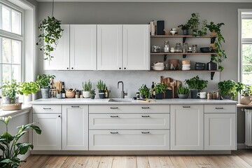 Fototapeta premium Modern white kitchen with plants and wooden accents for a fresh, natural look