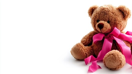 A soft, cuddly brown teddy bear with a pink ribbon around its neck, symbolizing love, affection, and childhood innocence. The white background emphasizes the bear's sweetness and charm.