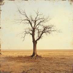 Naklejka premium A solitary, barren tree stands amidst a vast, dry field under a pale sky, evoking themes of solitude, resilience, and desolation, suitable for backgrounds, environmental concepts, or seasonal themes,