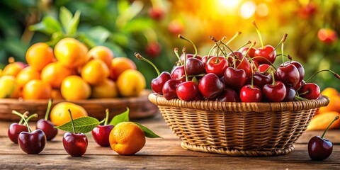 A Basket Full of Ripe Cherries with a Sunny Orchard Background, basket, fruit, cherry , ,