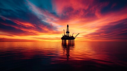 Fototapeta premium A solitary oil rig stands tall against a breathtaking sunset, its silhouette stark against the vibrant sky. The reflection of the rig in the calm water creates a sense of duality and balance, symboliz