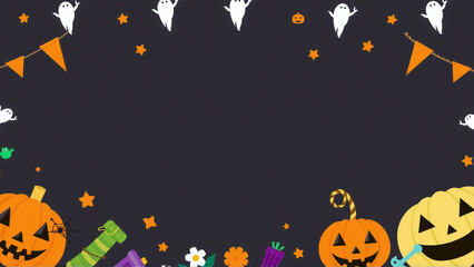 Halloween frame of 2d halloween party decor. Top down view over an grey background with copy space.