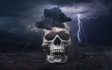 Skull in a Storm: Haunting Imagery of Dark Clouds and Striking Lightning