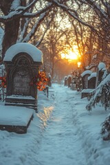 Snow-covered cemetery path with tombstones at sunset, casting a serene and reflective atmosphere, ideal for use in themes such as winter, remembrance, and tranquility,