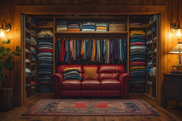 Cozy living room with red leather sofa and organized closet in rustic cabin interior