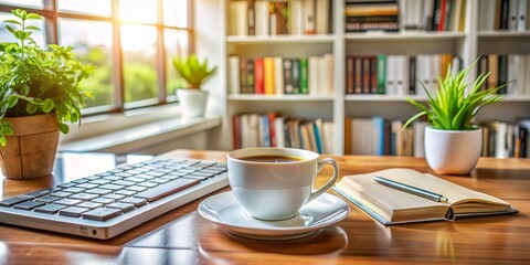 Fototapeta premium Coffee Break at the Library, a Cup of Coffee, Keyboard, and Book on a Wooden Table with a Bookshelf in the Background, library, coffee, study