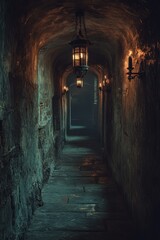Obraz premium A dimly lit, narrow, and ancient stone corridor illuminated by lanterns and wall-mounted candles creating a mysterious and eerie atmosphere, perfect for uses in horror or medieval-themed projects,