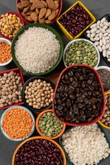 several pots with raw grains for preparing healthy food