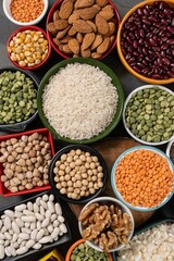 several pots with raw grains for preparing healthy food