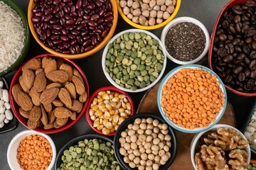 several pots with raw grains for preparing healthy food