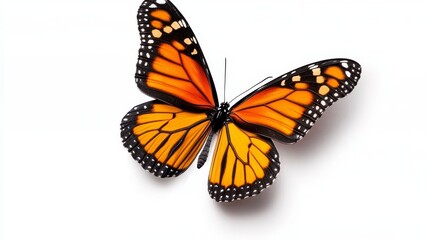 Obraz premium A vibrant Monarch butterfly with orange and black wings, isolated on a pure white background. It symbolizes transformation, beauty, resilience, hope, and freedom.