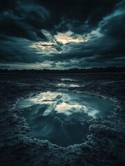 Dramatic stormy sky with clouds reflected in a large water puddle on rugged terrain ideal for concepts of nature, mood, reflection, or environmental themes,