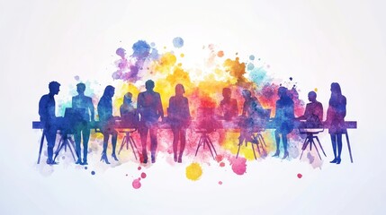 A vibrant watercolor illustration depicting a diverse group of professionals collaborating at a table, symbolizing teamwork, communication, innovation, problem-solving, and success.