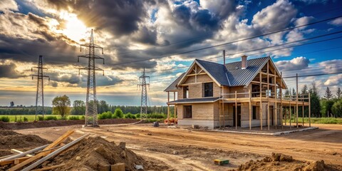 Fototapeta premium Construction Site with a New House Under a Dramatic Sky, Building, Residential, Architecture