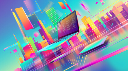 abstract colorful background floating laptop cityscape