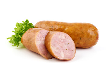Smoked pork sausages, isolated on white background