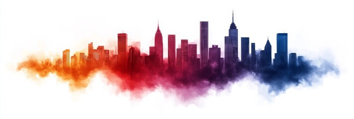 Fototapeta premium A watercolor illustration of a futuristic city skyline, with tall buildings silhouetted against a colorful, abstract background. This art piece represents the concept of progress, urban development, a
