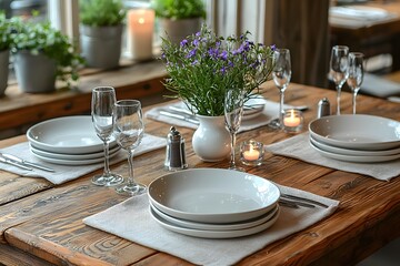 Fototapeta premium Elegant rustic table setting with flowers and candlelight for a cozy dinner ambiance