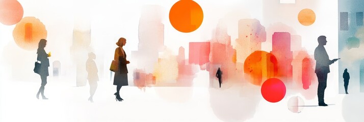 A watercolor painting depicting a business scene in a bustling city.  Silhouettes of people walking represent the human element.  The colorful abstract shapes suggest opportunity and potential for gro