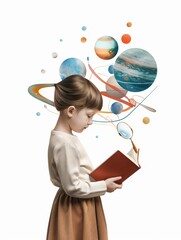 Fototapeta premium A watercolor illustration of a young girl reading a book with a colorful galaxy of planets swirling around her head, symbolizing the vastness of knowledge and the power of imagination.
