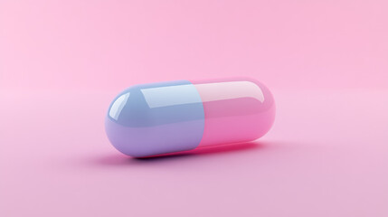 A simple, 3D illustration of a pink and blue pill capsule.