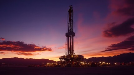 Obraz premium Silhouetted Oil Rig Against Dramatic Sunset