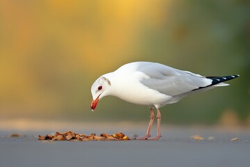 Obraz premium A white seagull with red eyes and black wingtips is pecking at food on the ground. The seagull is in focus, while the background is blurred, creating a sense of depth and movement. The seagull's head 