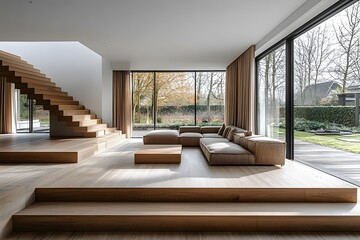 Fototapeta premium Modern minimalist living room with wooden stairs and large glass windows overlooking a garden
