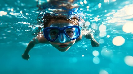 Naklejka premium A young child, wearing a snorkeling mask and snorkel, swims underwater in clear blue water. The child's eyes are open, gazing at the world below the surface. The image captures the joy and wonder of e