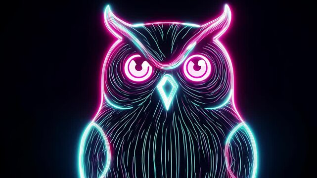 Neon Art Owl Design in Glowing Abstract Lines on Black Background, Stylish, Modern, Vibrant Video Art