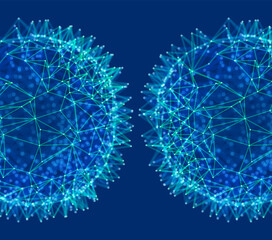 Scientific illustration with connected lines and dots. Luminous microscopic forms. Glowing grid. Connection structure. Wireframe vector illustration.