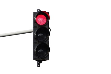 Stop red light on traffic lights. Isolated on white background. Negative copy space.