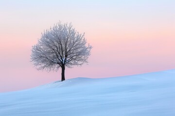 Obraz premium A tree stands alone in a snow-covered field, generative ai image