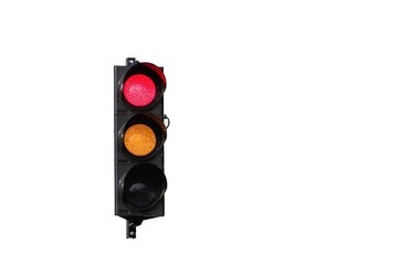 Stop red and orange light on traffic lights. Isolated on white background. Negative copy space for...