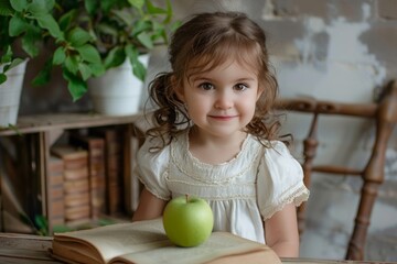 Fototapeta premium cheerful beautiful cute little girl next to thick book and green apple looking at camera